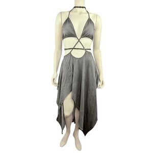 Darker Waves Halter Dress Womens XXL Gray Cut Out Asymmetrical Hem Goth Alt